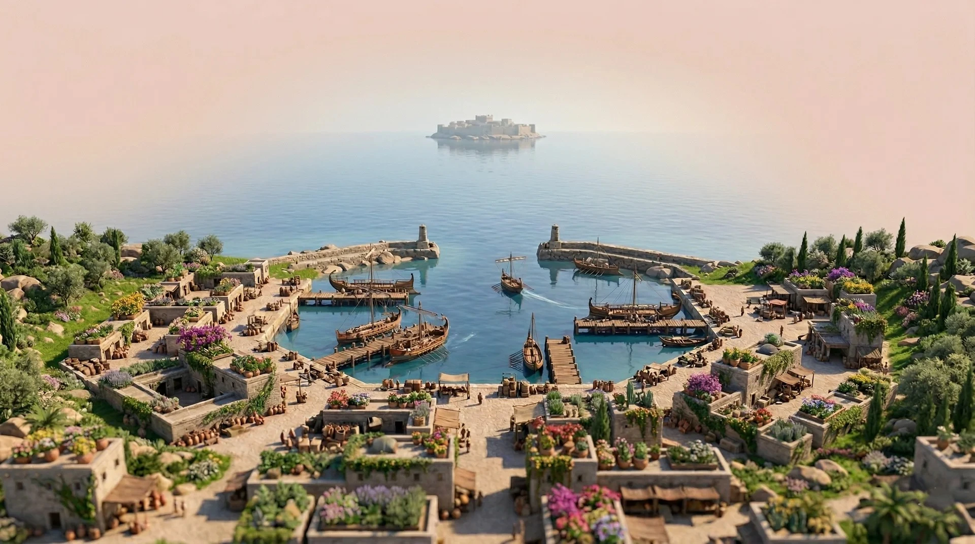 Ancient harbor at sunset along the Mediterranean coast